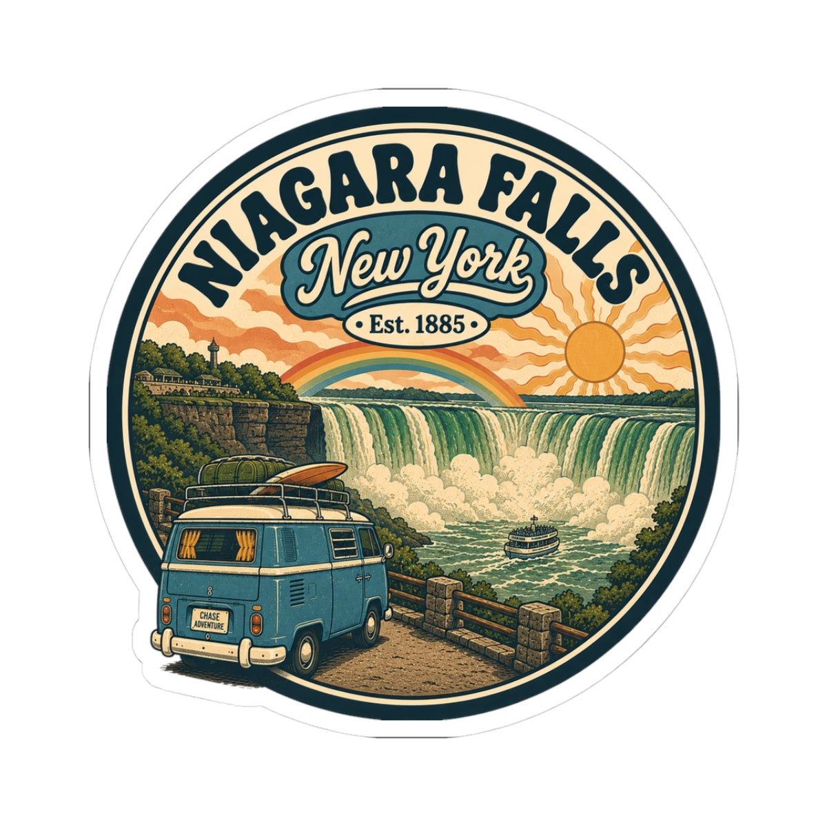 Round white kiss-cut sticker with Niagara Falls New York vintage camper van scene