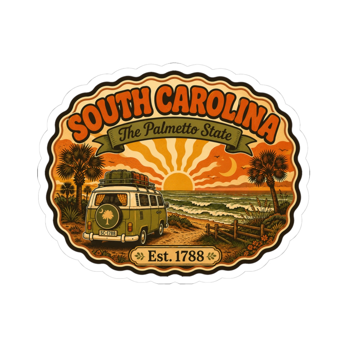 Round vintage-style sticker with South Carolina text, camper, palms, sunset, and Est. 1788.