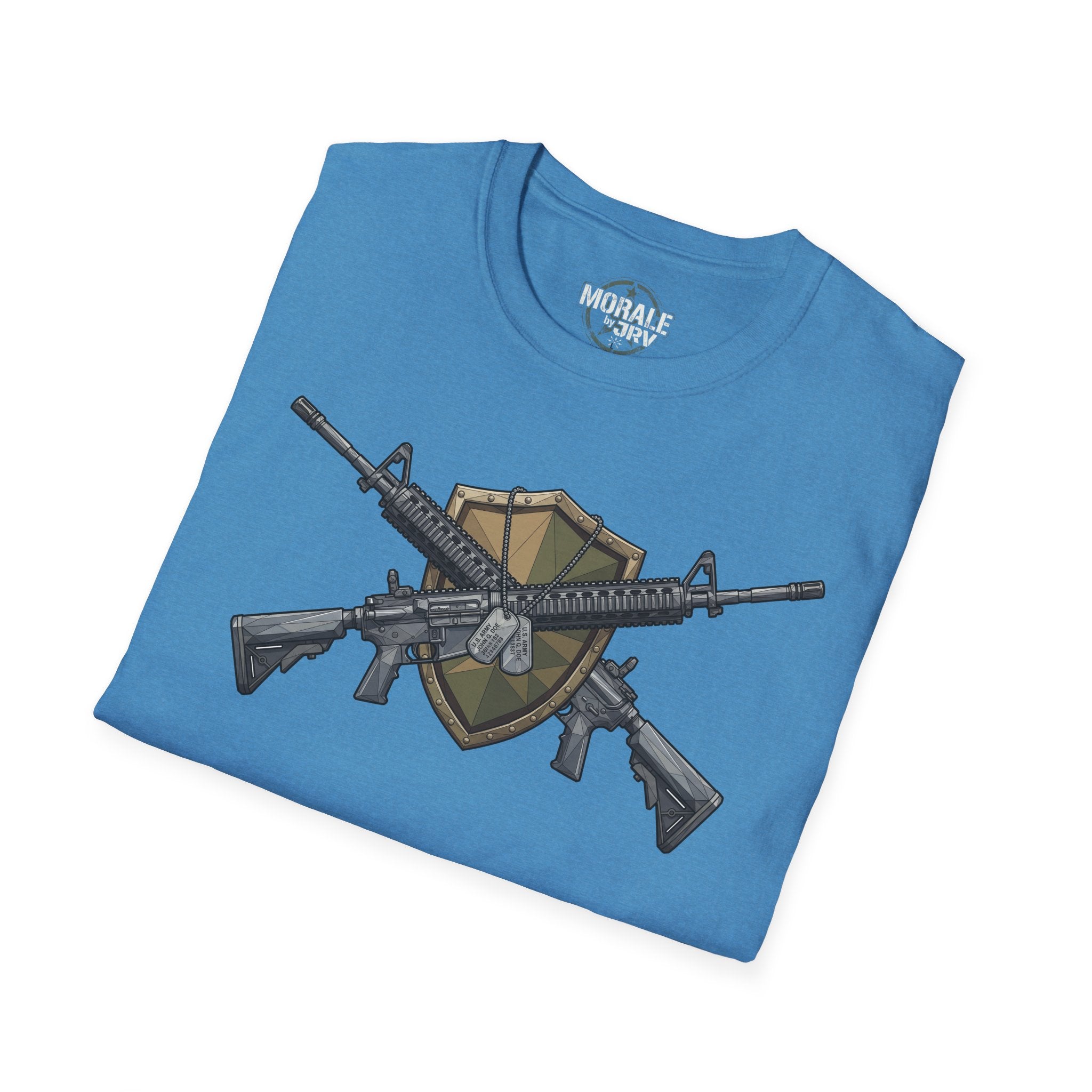 Blue T-shirt with large tactical gun graphic on front