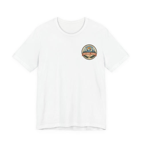 White national park graphic t-shirt with small round logo on the chest