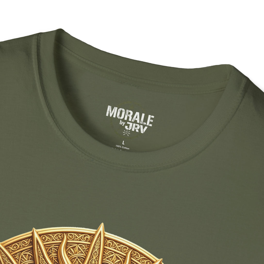 Military green T-shirt with bronze sun-face medallion graphic