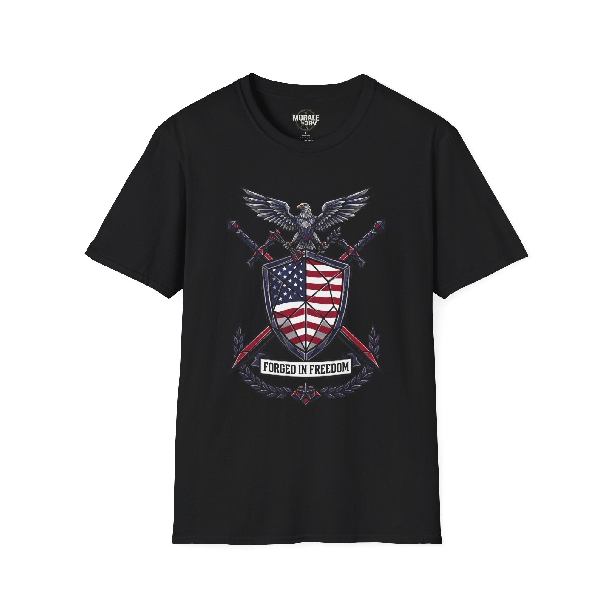 Patriotic red-white-blue graphic T-shirt on black, front eagle shield design