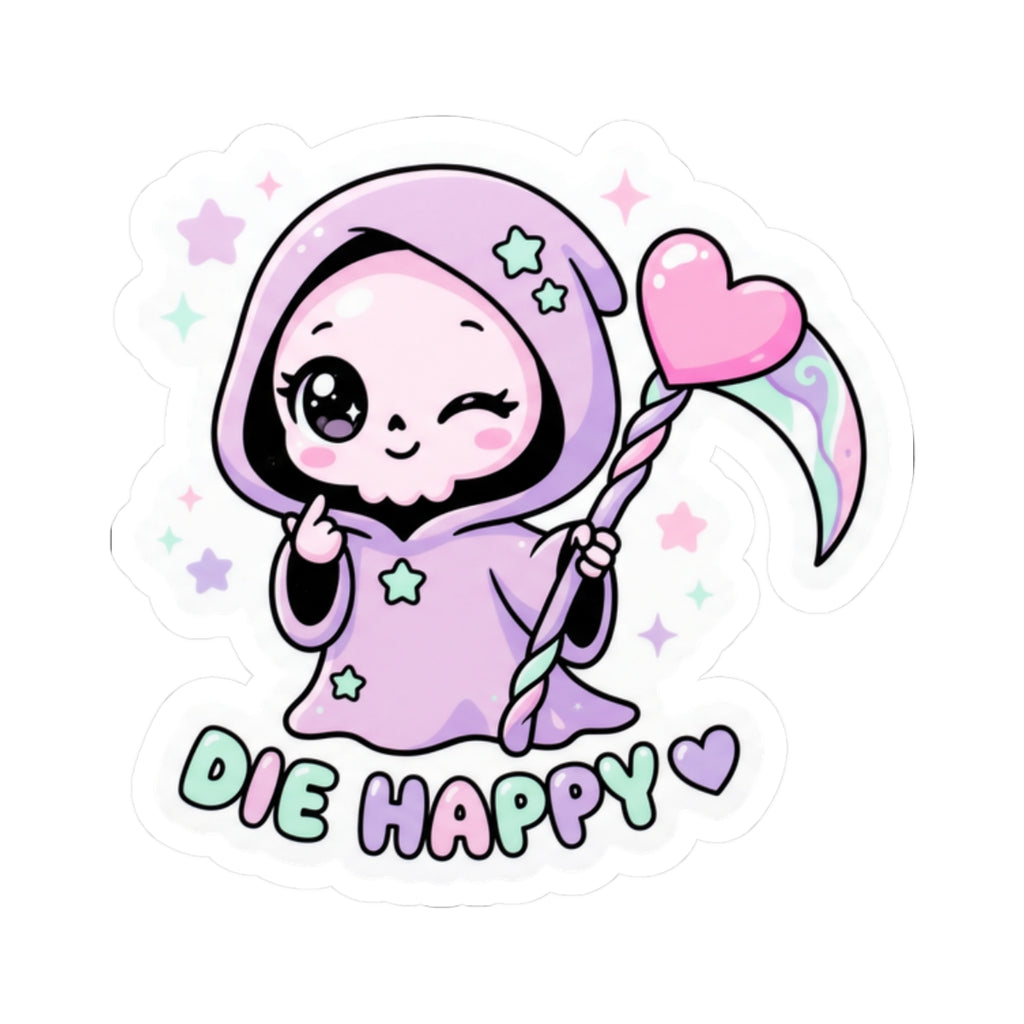 Cute grim reaper kiss-cut sticker: purple hooded character holding pink heart