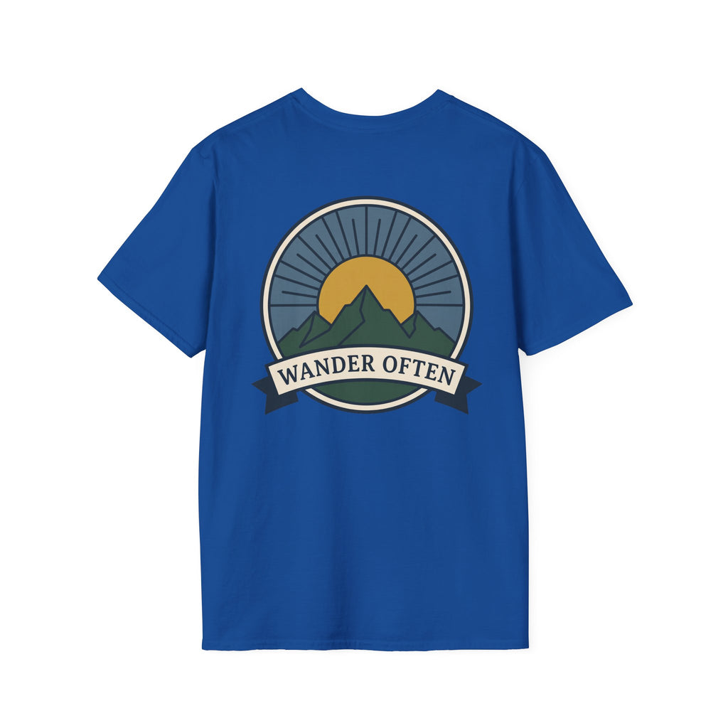 Royal blue unisex T-shirt with circular Wander Often badge and mountain graphic