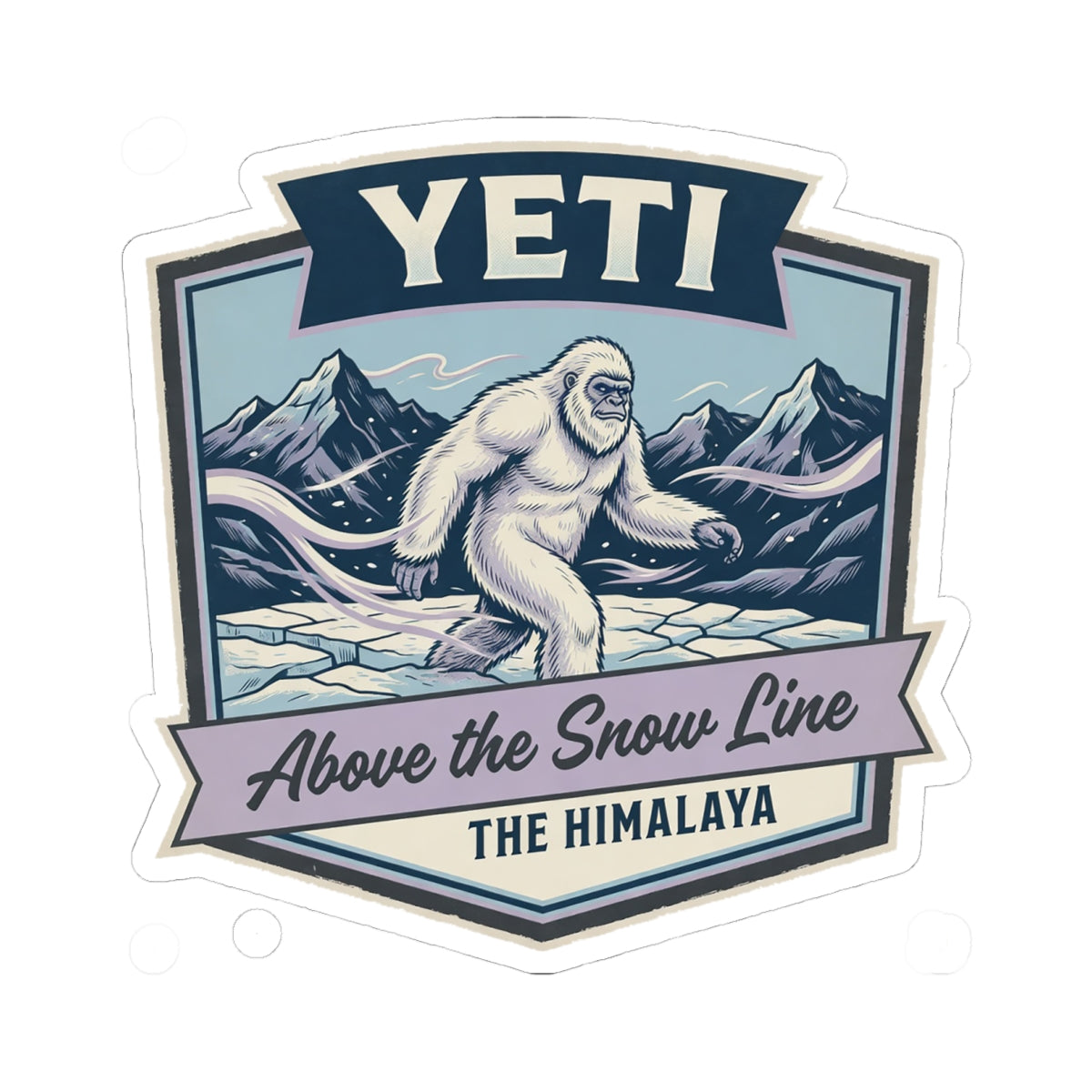 YETI Himalayan sasquatch above the snow line die-cut sticker with mountains and waves