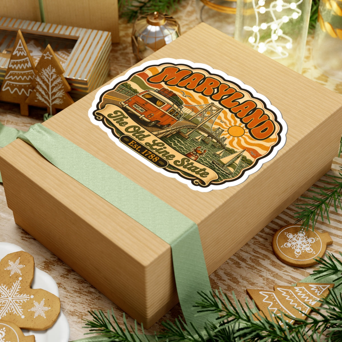 Maryland retro van bridge sticker centered on wooden gift box, Old Line State text