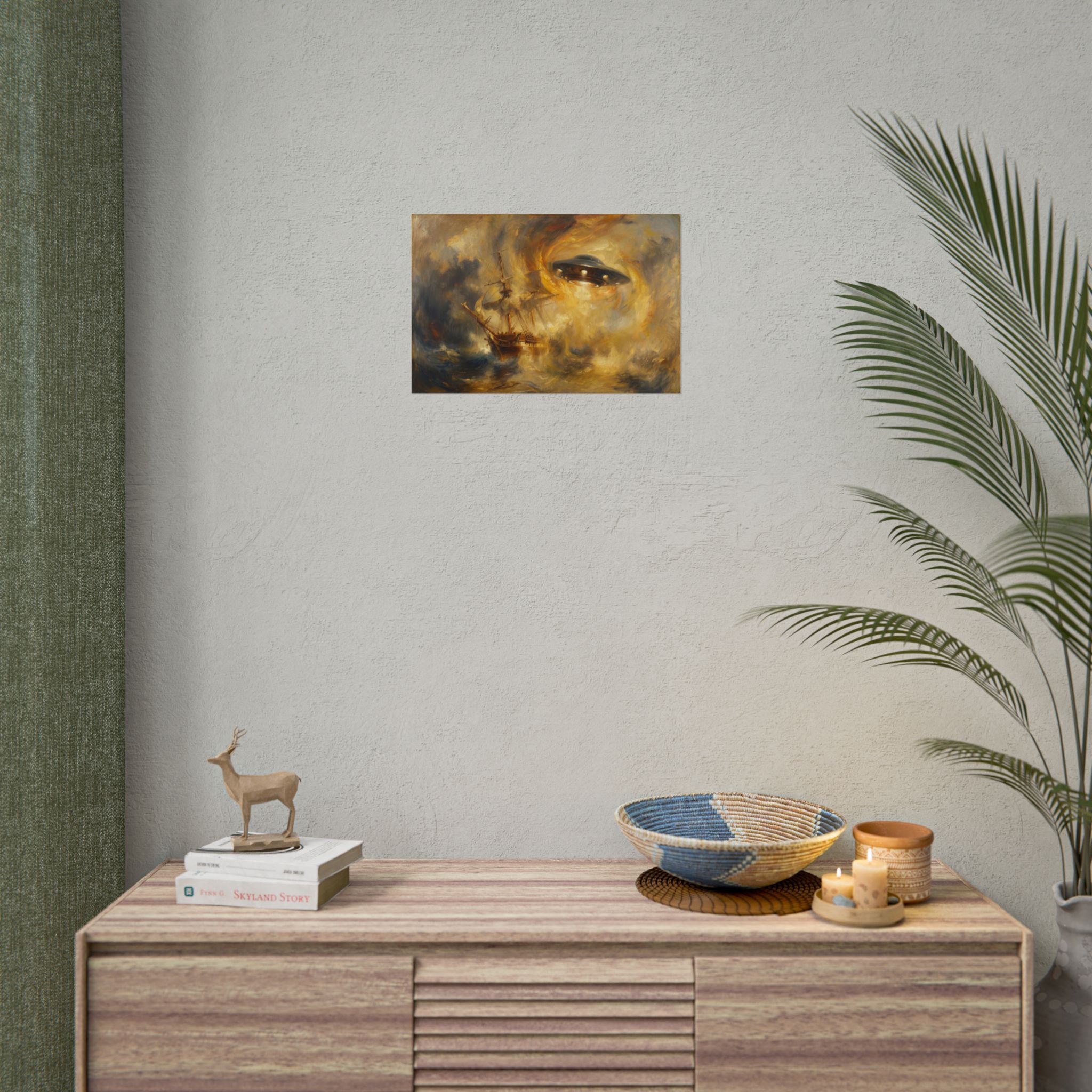 UFO shipwreck poster on wall, glowing eye and dark ship under golden clouds