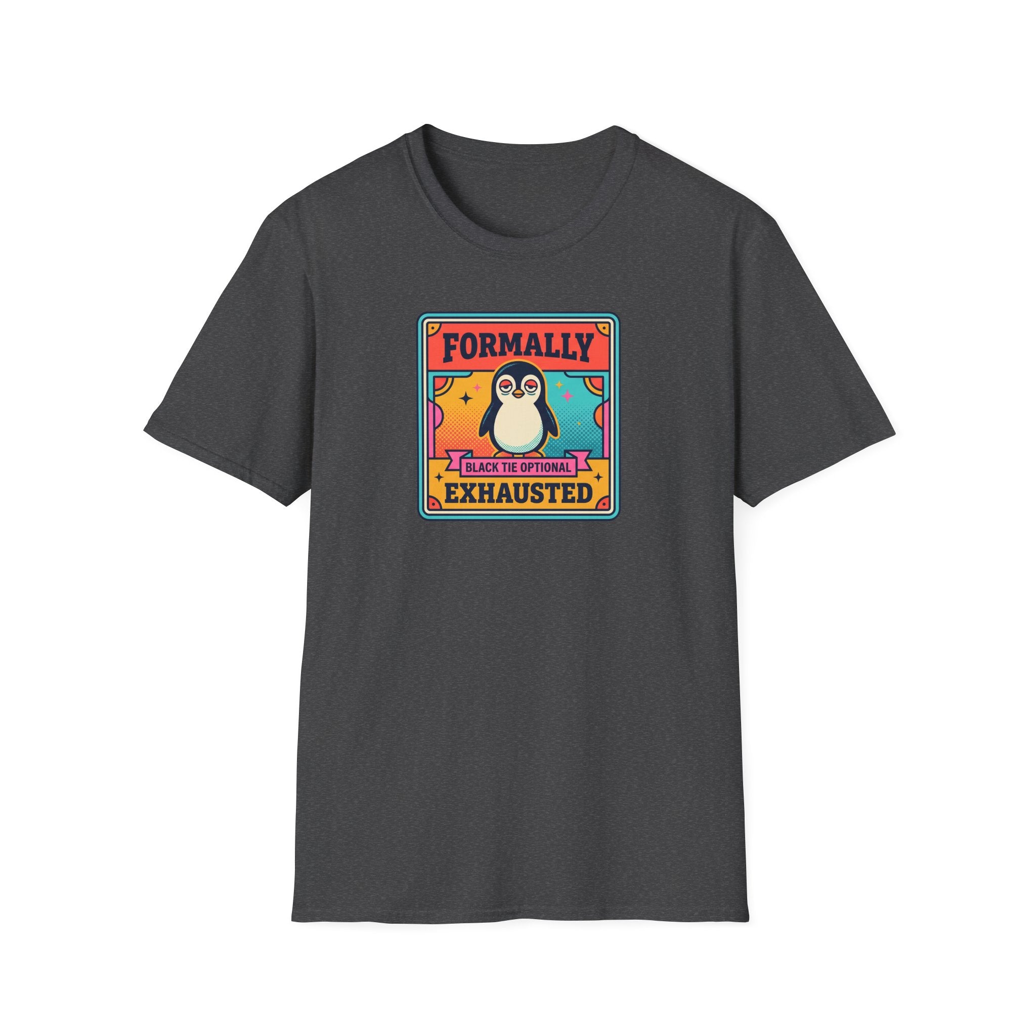 Funny Penguin T-Shirt | Formally Exhausted Black Tie Optional Retro Graphic Tee | Penguin Gift
