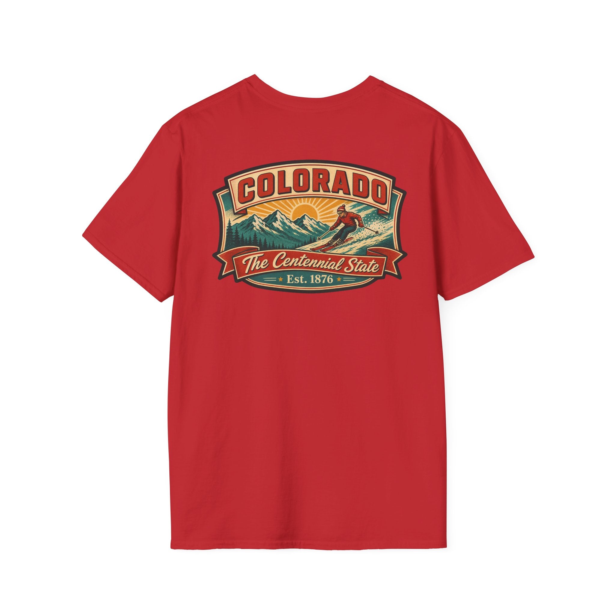 Red T-shirt with vintage Colorado badge graphic on chest