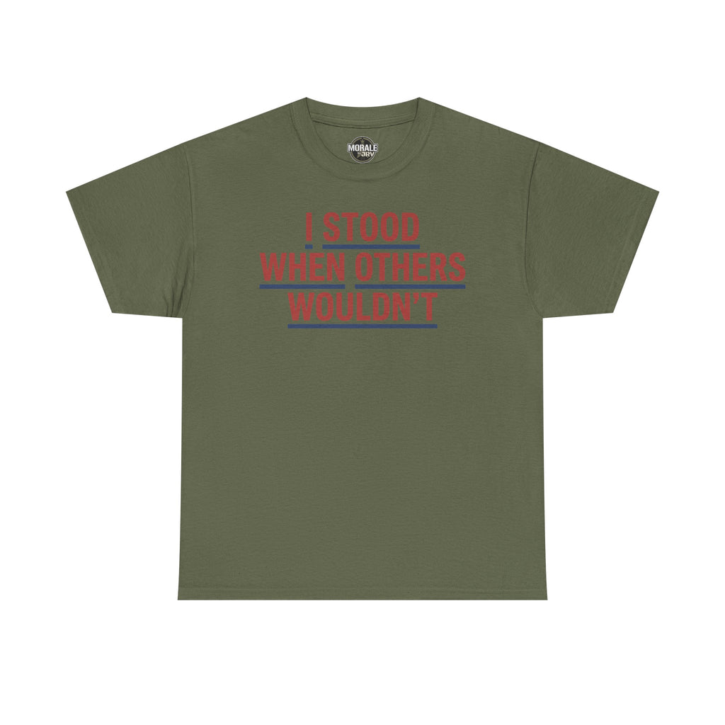 Military green T-shirt with red and gray slogan graphic, crew neck