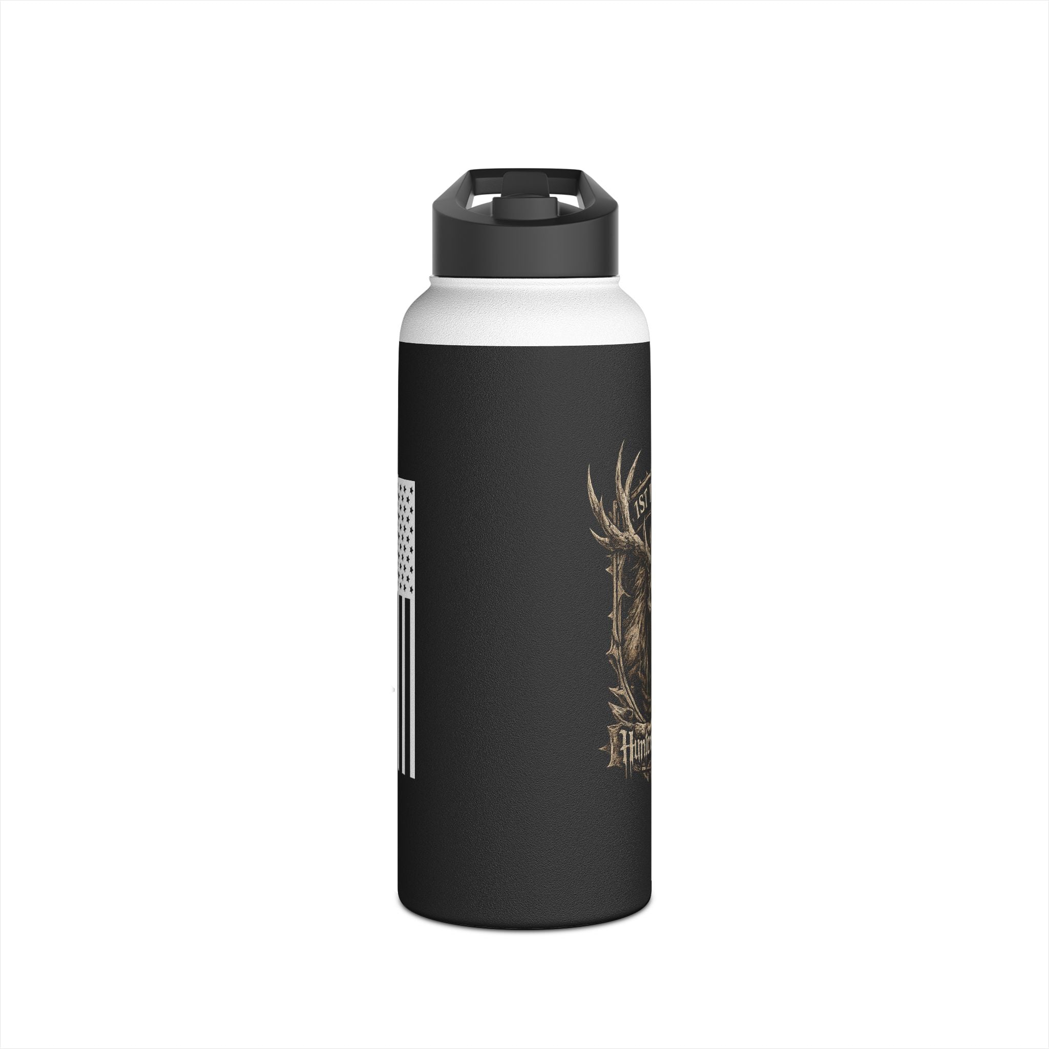 Stainless steel tumbler, black with gold deer antler graphic and wide silver band