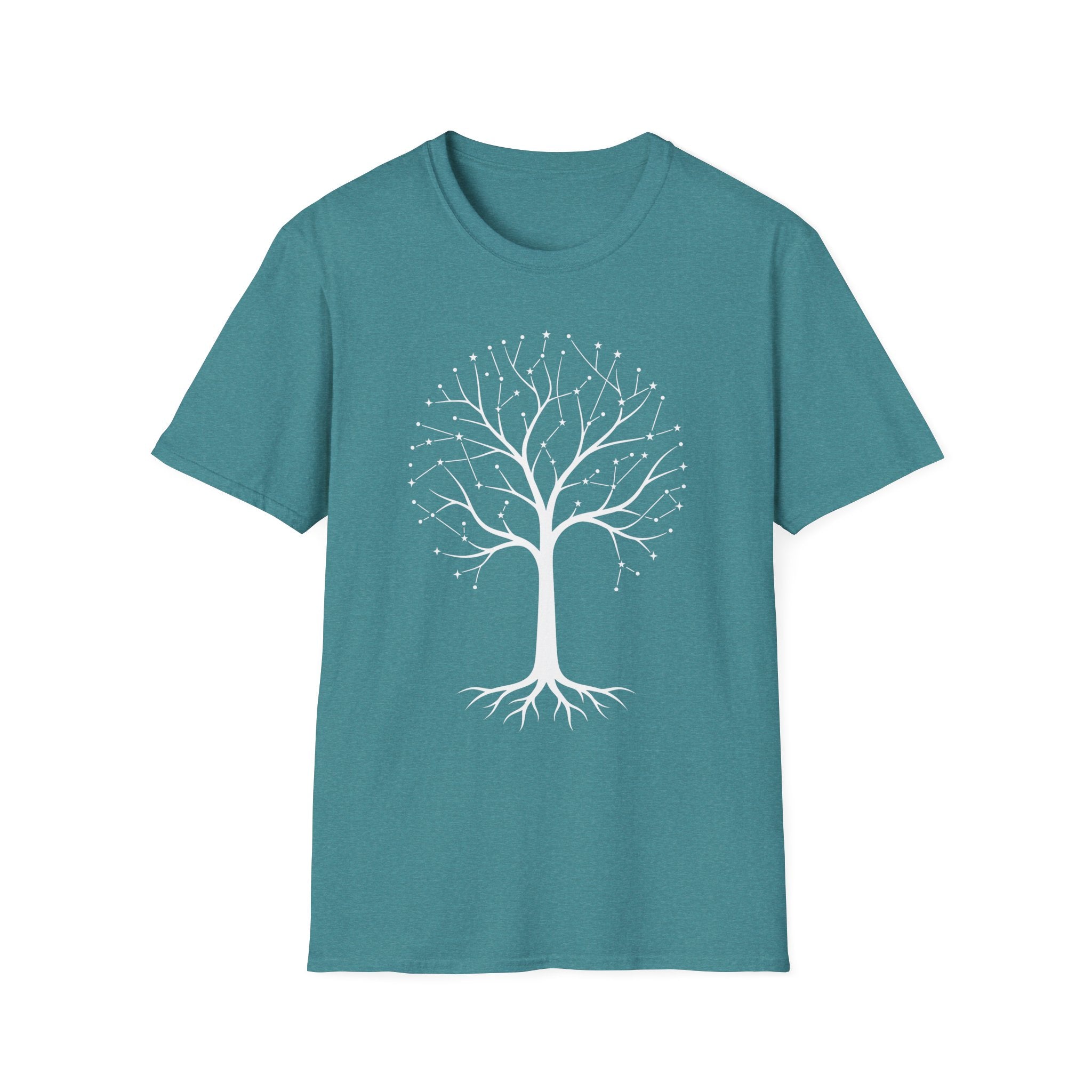 Camiseta verde azulado con árbol de la vida en constelación y raíces botánicas blancas