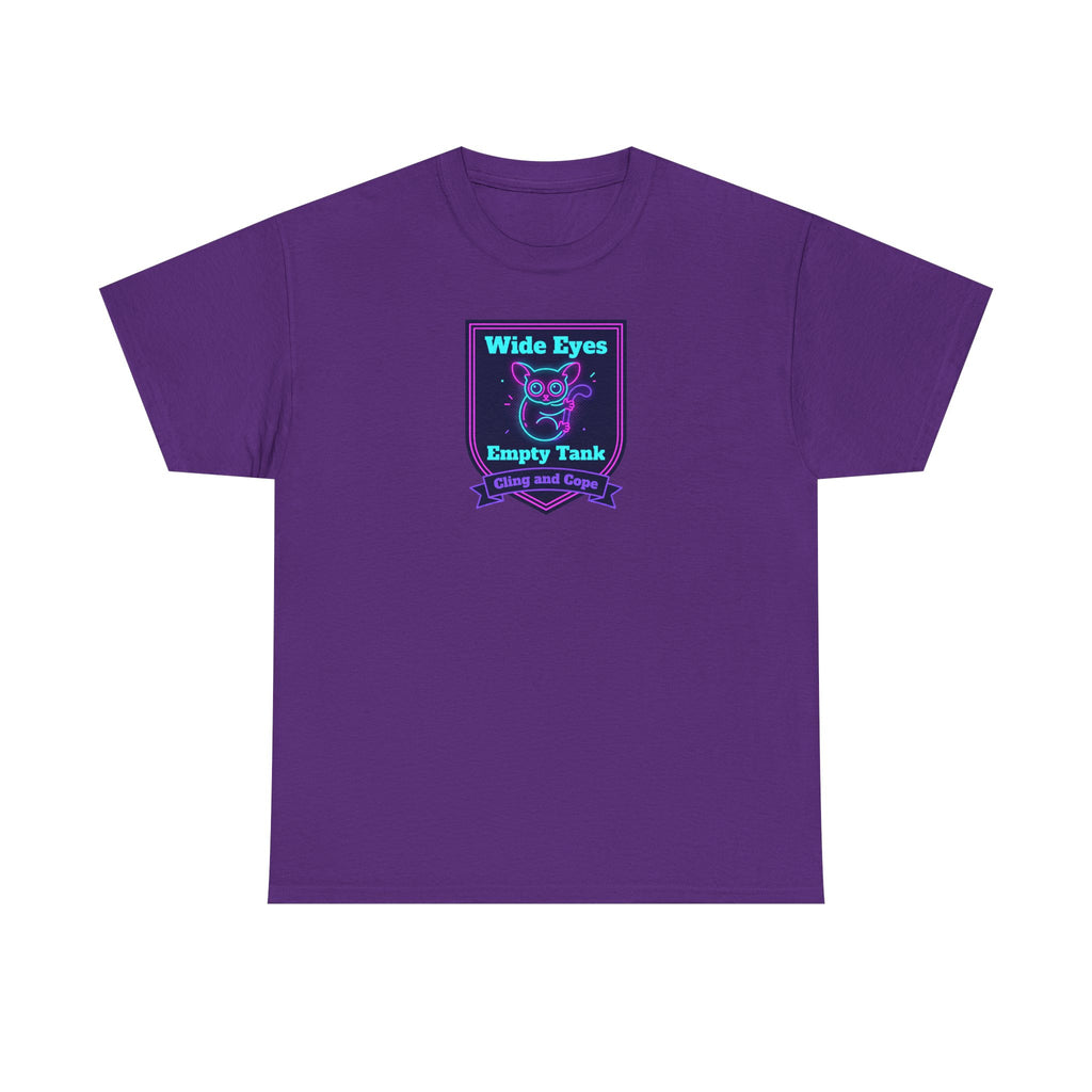 Wide Eyes Empty Tank T-shirt | Owl Illustration, Neon Purple & Teal Badge