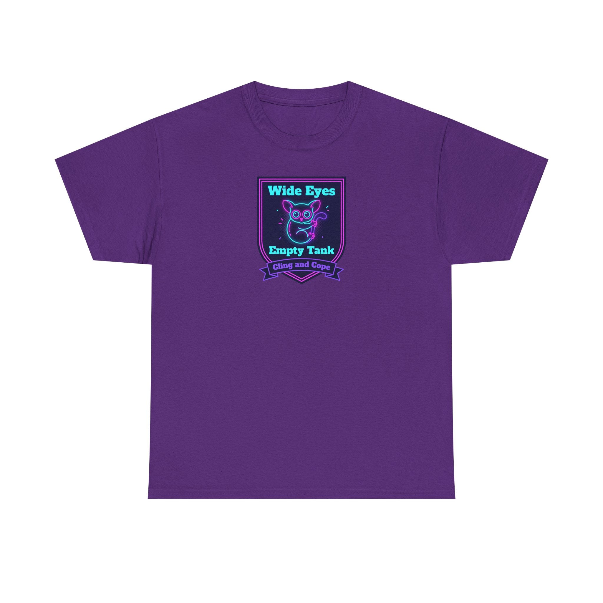 Wide Eyes Empty Tank T-shirt | Owl Illustration, Neon Purple & Teal Badge