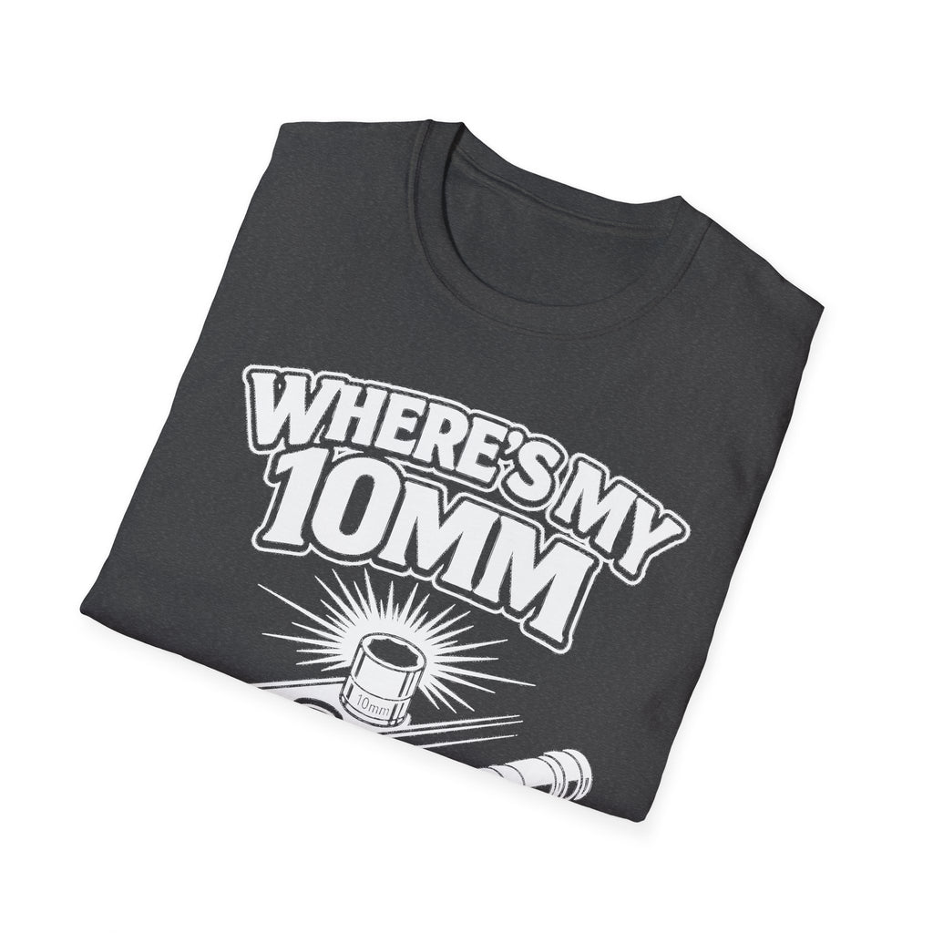 Dark heather T-shirt with “WHERE’S 10MM” tool-themed text and socket illustration