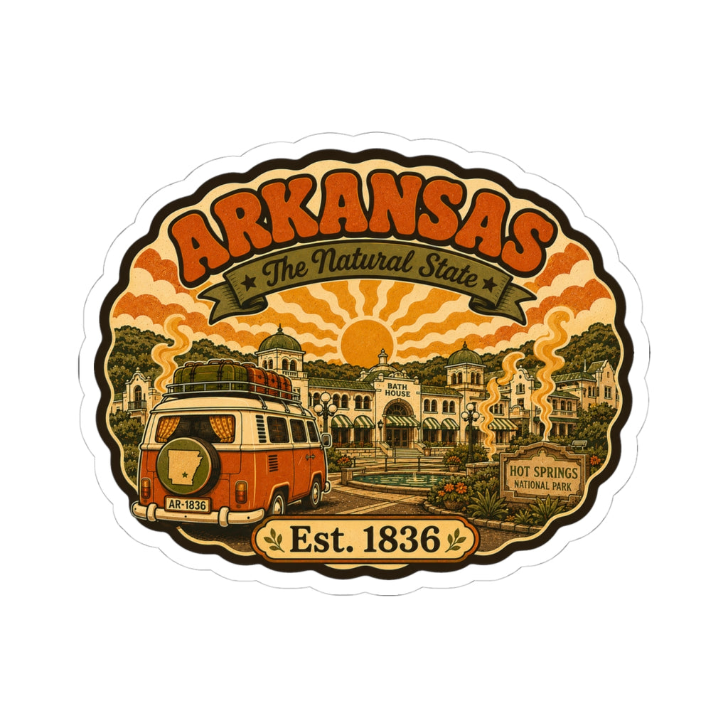Round Arkansas travel sticker featuring orange camper van and “Est. 1836”