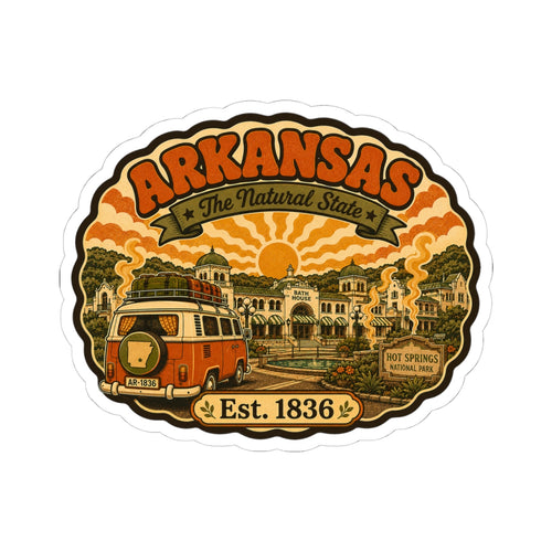 Round Arkansas travel sticker featuring orange camper van and “Est. 1836”
