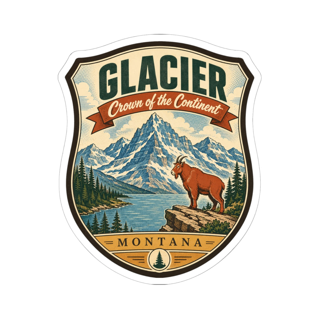 Die-cut shield sticker: “GLACIER” text, mountain landscape, pine trees, and a brown dog