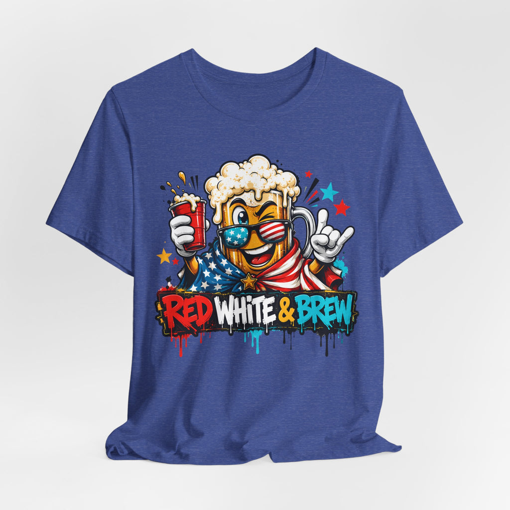 Red White & Brew 4th of July T-Shirt | Patriotic Beer Mascot American Flag Graphic Tee