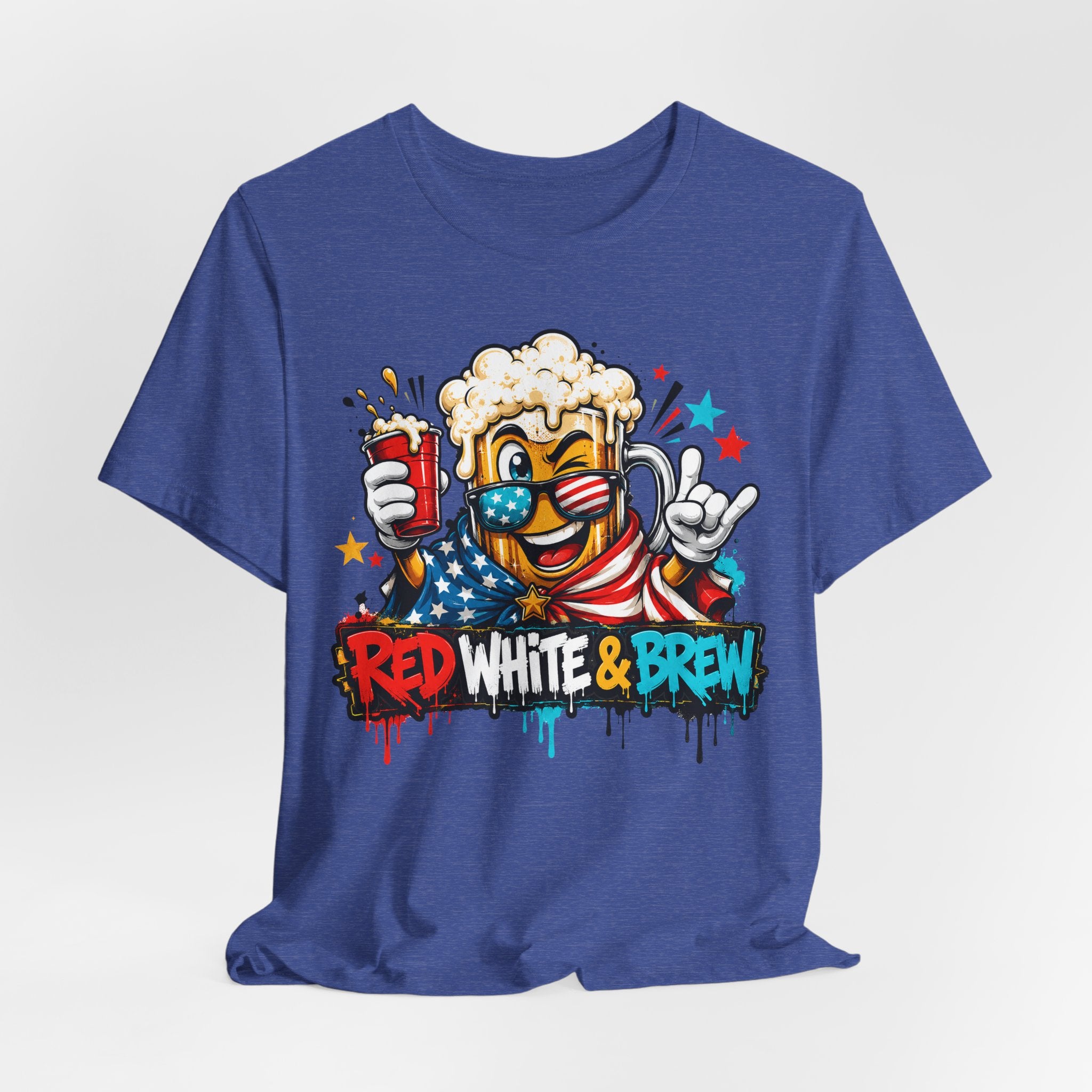 Red White & Brew 4th of July T-Shirt | Patriotic Beer Mascot American Flag Graphic Tee