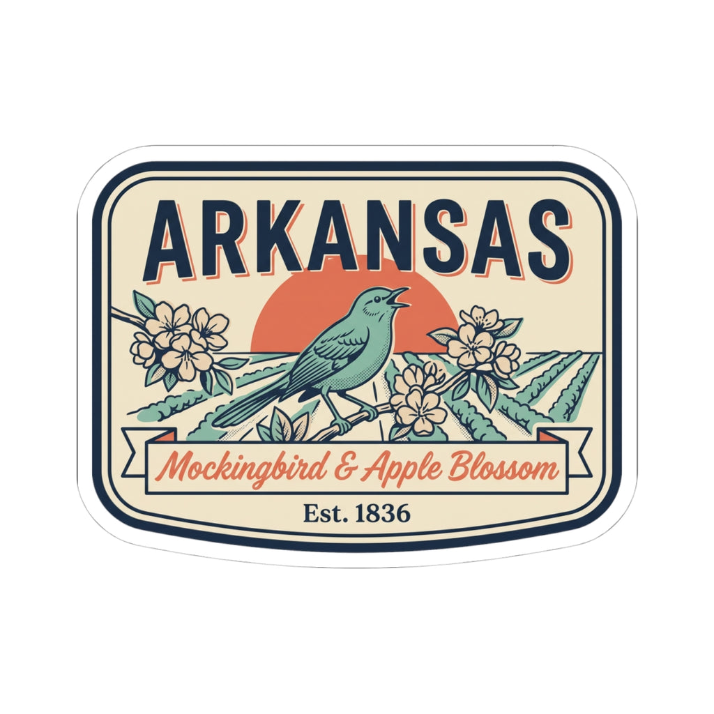 Arkansas vintage state badge decal sticker featuring a blue mockingbird and apple blossoms