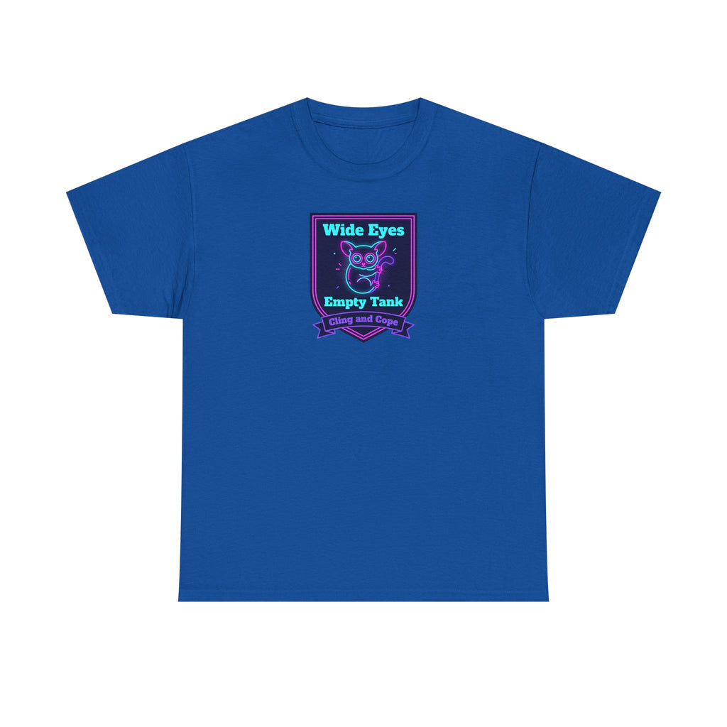 Wide Eyes Empty Tank T-shirt | Owl Illustration, Neon Purple & Teal Badge