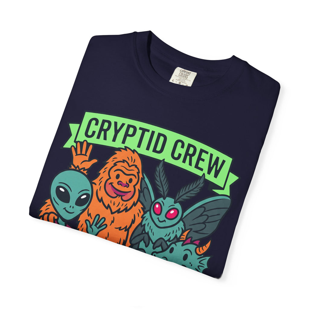 Navy crewneck T-shirt with Cryptid Crew graphic