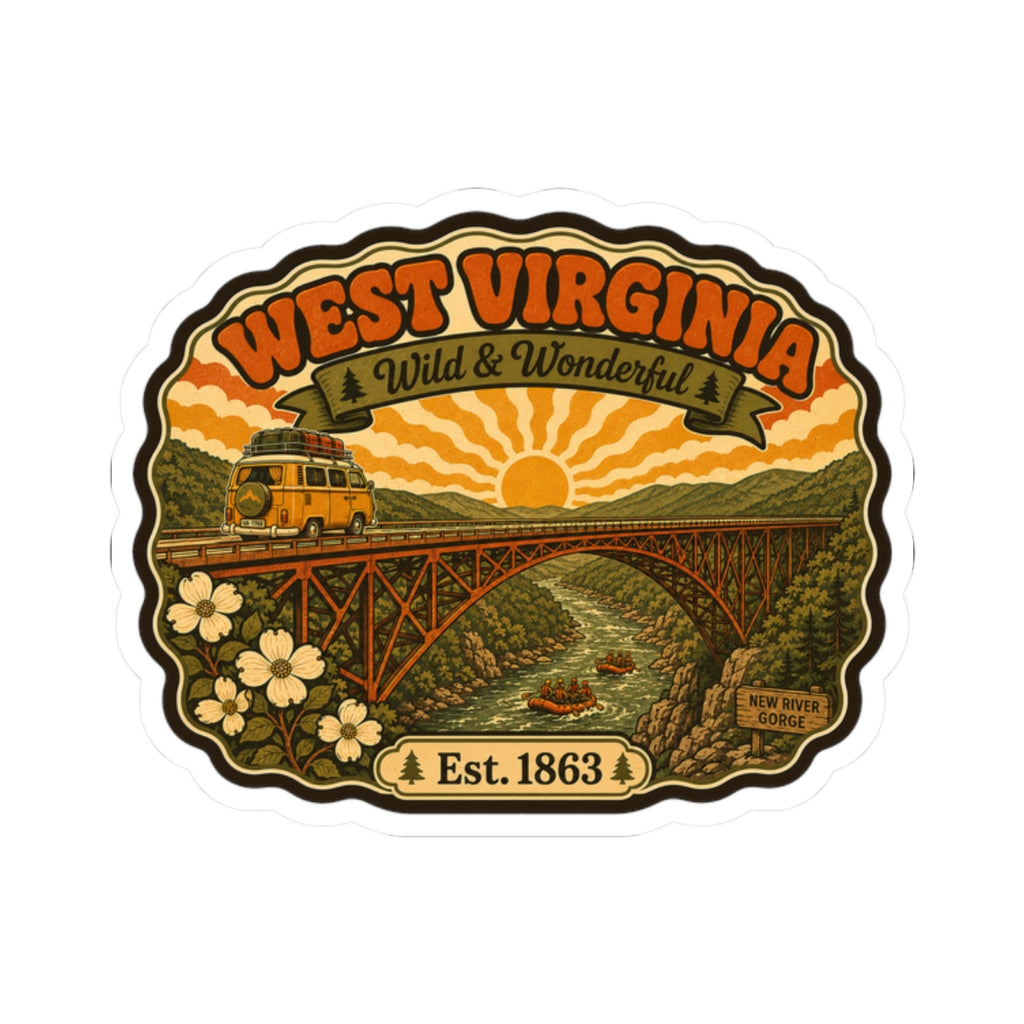 Kiss-cut West Virginia scenic sticker with truck on bridge, warm sunset, floral accents, Est. 1863.