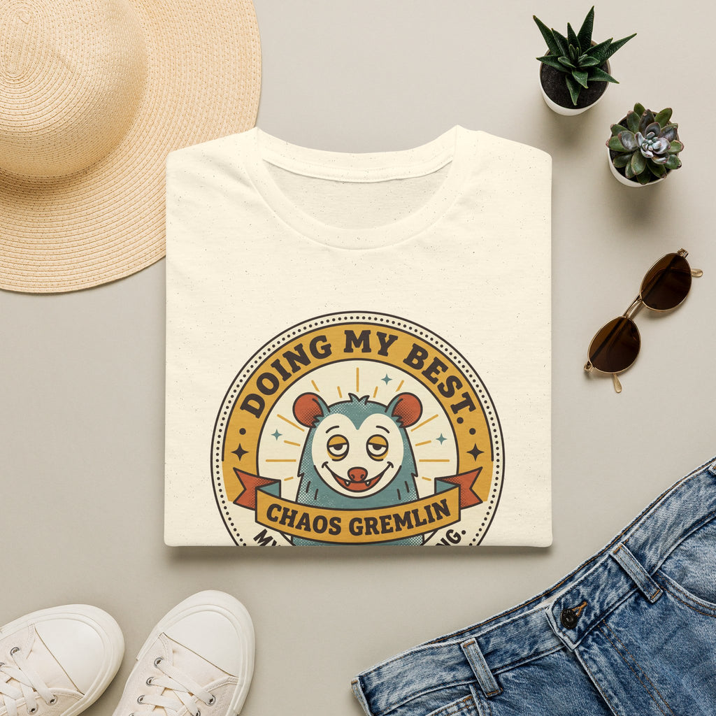 Cream t-shirt with “Doing My Best Chaos Gremlin” cartoon chest graphic