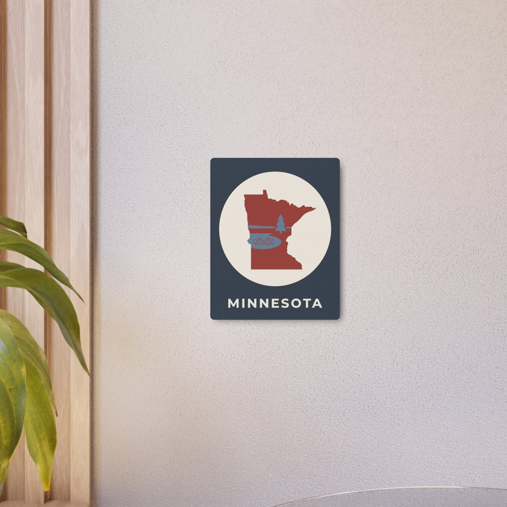 Small square Minnesota metal wall art sign with circular red state silhouette and “MINNESOTA”