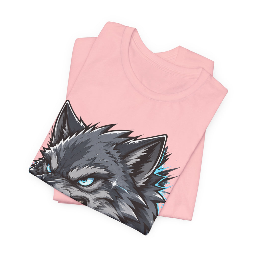 Unisex light pink t-shirt with snarling wolf head graphic, blue eyes and drips