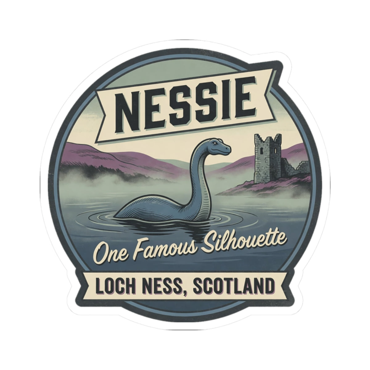 Nessie Loch Ness sticker badge with dark circular frame, “One Famous Silhouette” and “Loch Ness, Scotland”
