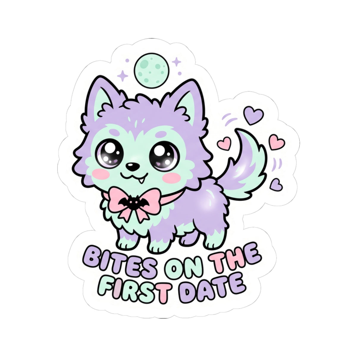 Kawaii wolf kiss-cut sticker with mint fur, hearts, and text "BITES ON THE FIRST DATE"