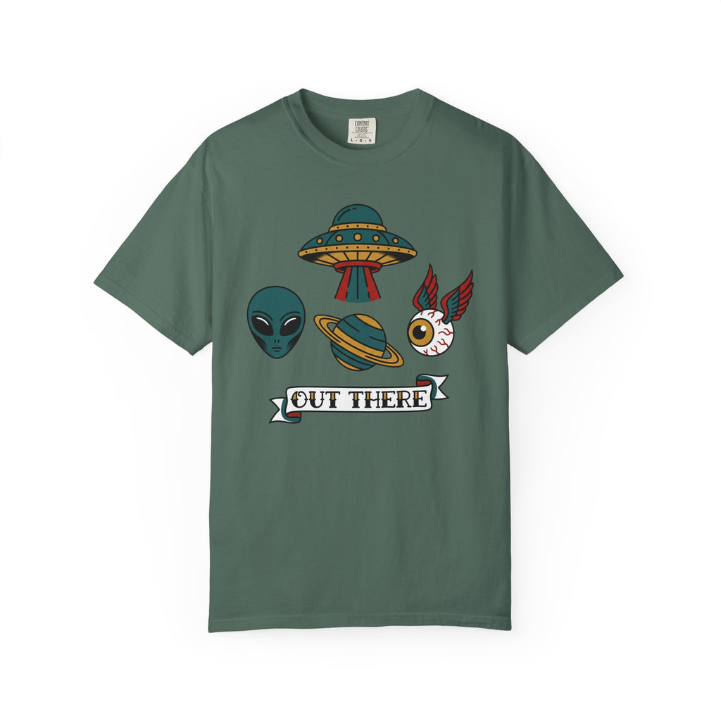 Green T-shirt with alien, UFO, and “OUT THERE” banner graphic at center