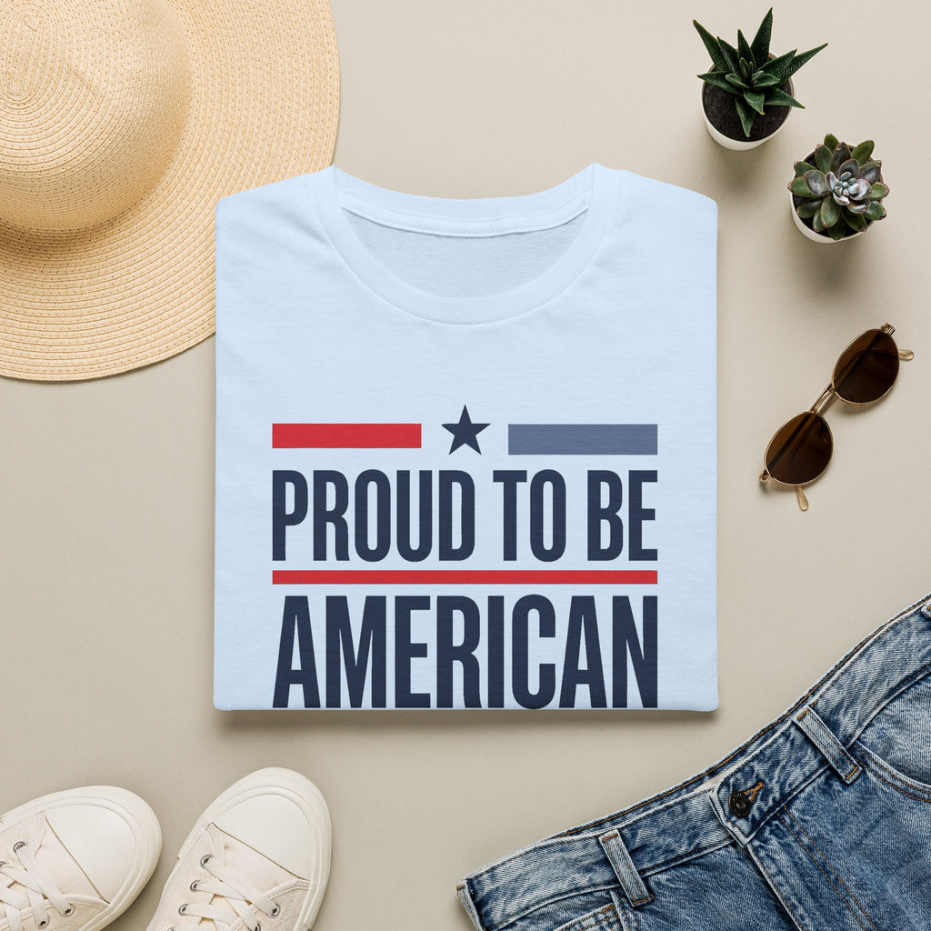 Light blue crewneck T-shirt with star-and-stripe "PROUD TO BE AMERICAN" print