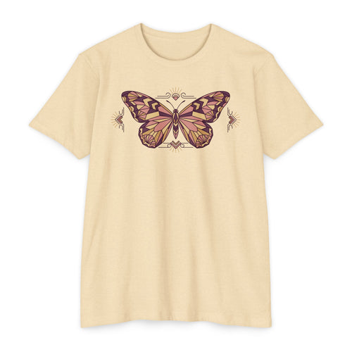 Cream butterfly graphic T-shirt with vintage floral wing illustration, crew neck