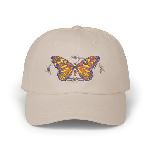 Khaki dad cap with colorful butterfly-moth embroidery on the front panel