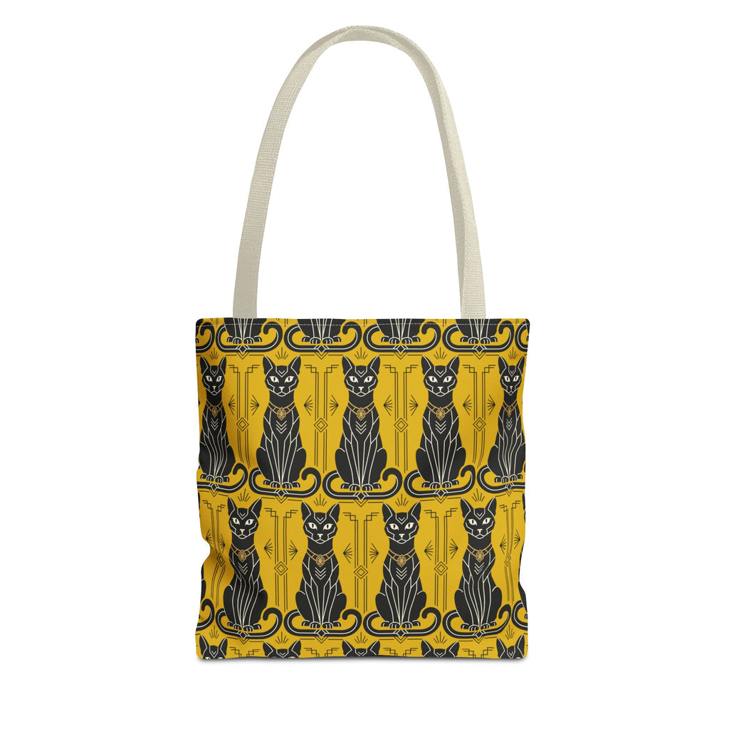 Tote bag with yellow cat print, blue-and-black cat faces, pale gray top handles.