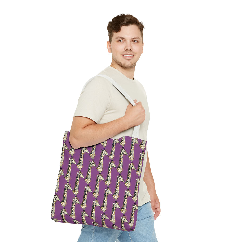 Purple tote bag with repeating saxophone pattern and light canvas handles