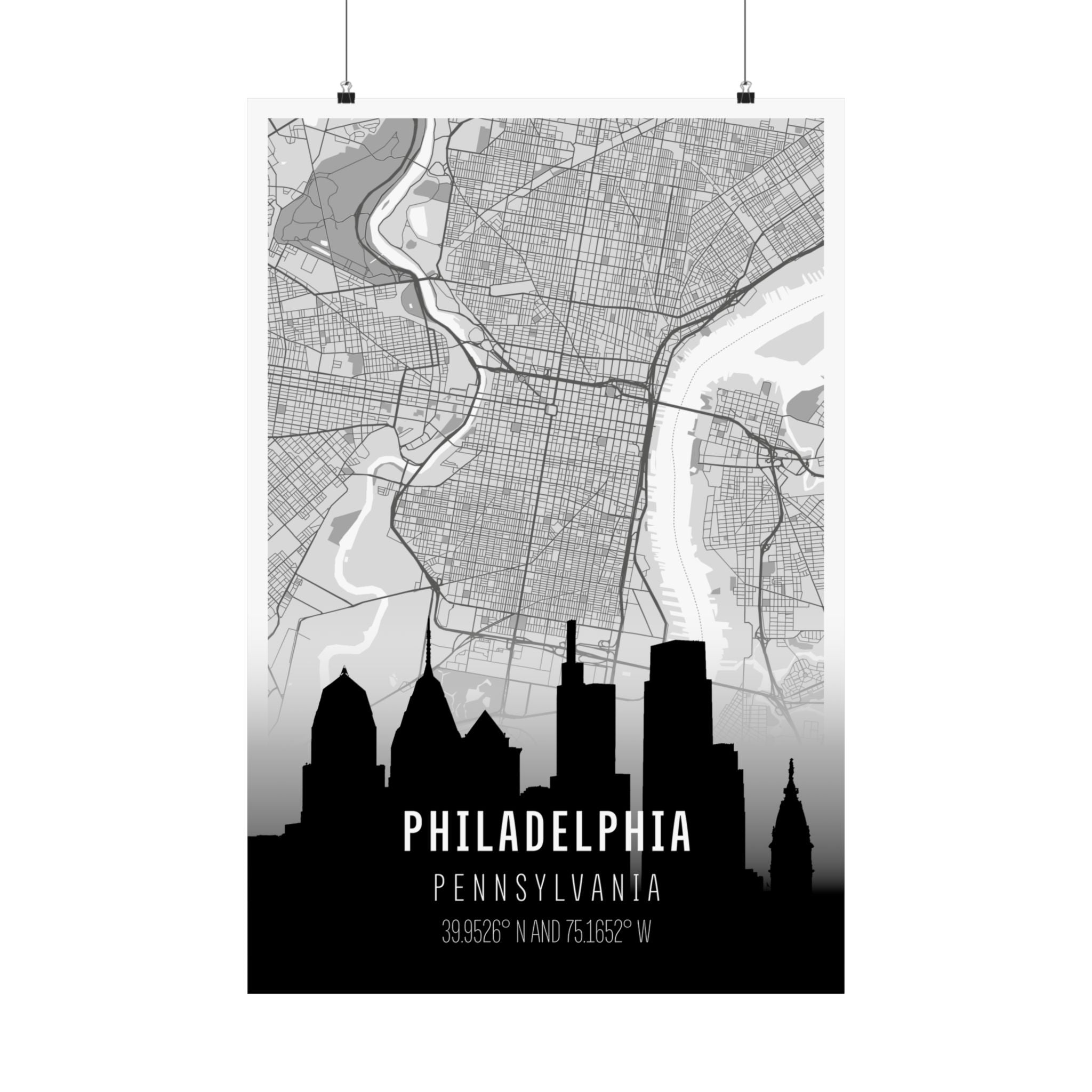 Philadelphia skyline map poster with city street grid, Pennsylvania label, and coordinates