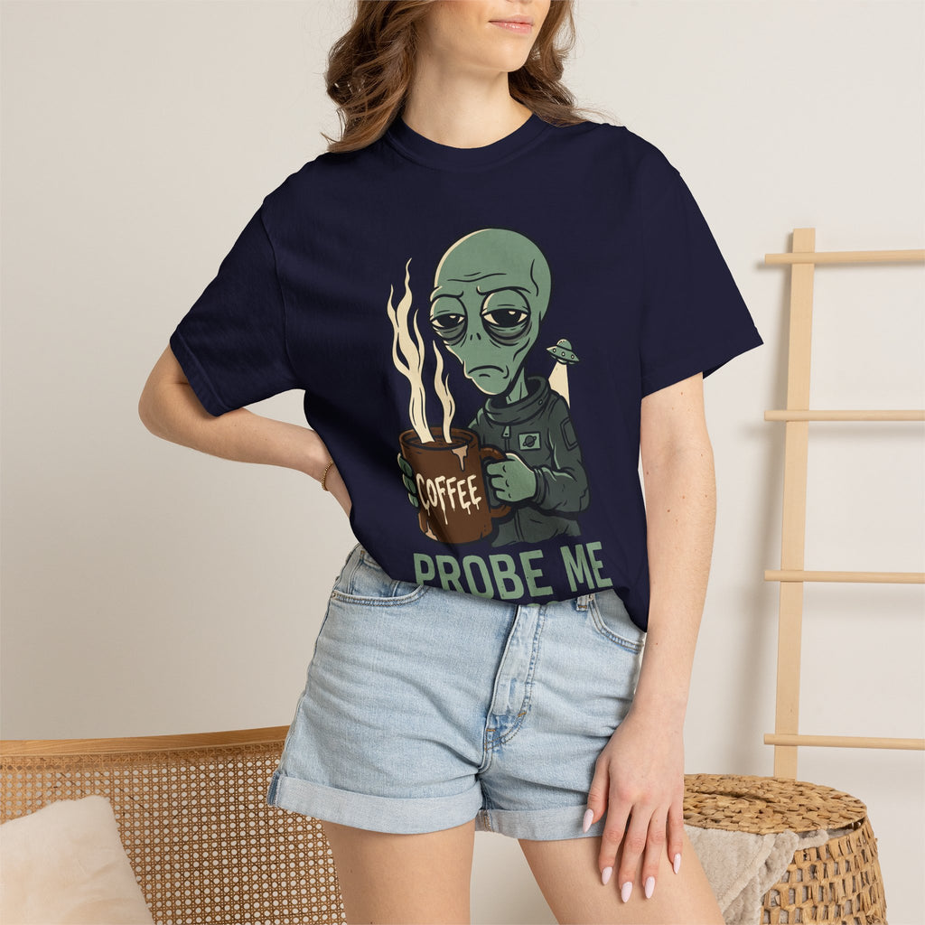 Navy alien coffee graphic t-shirt worn by model, crew neck