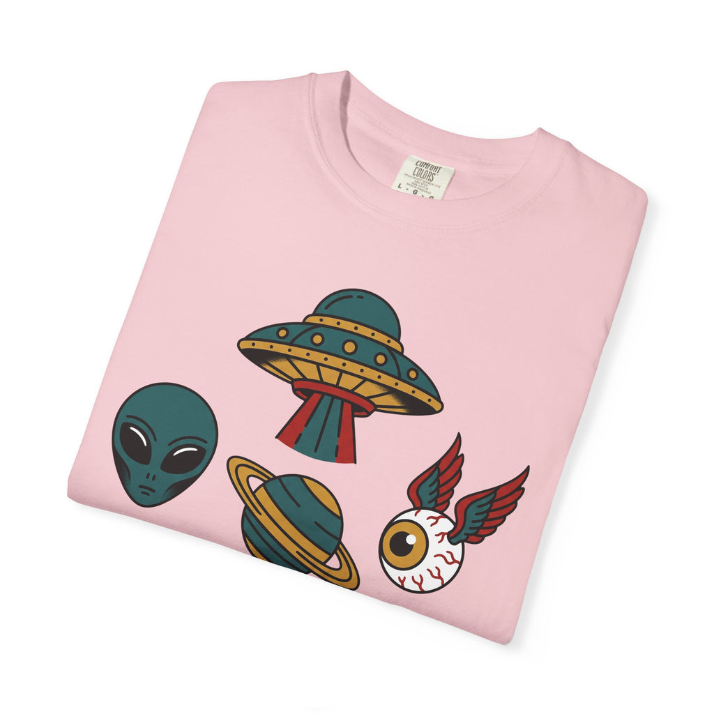 Blush pink crew-neck T-shirt with alien, UFO, and red-wing cat graphic
