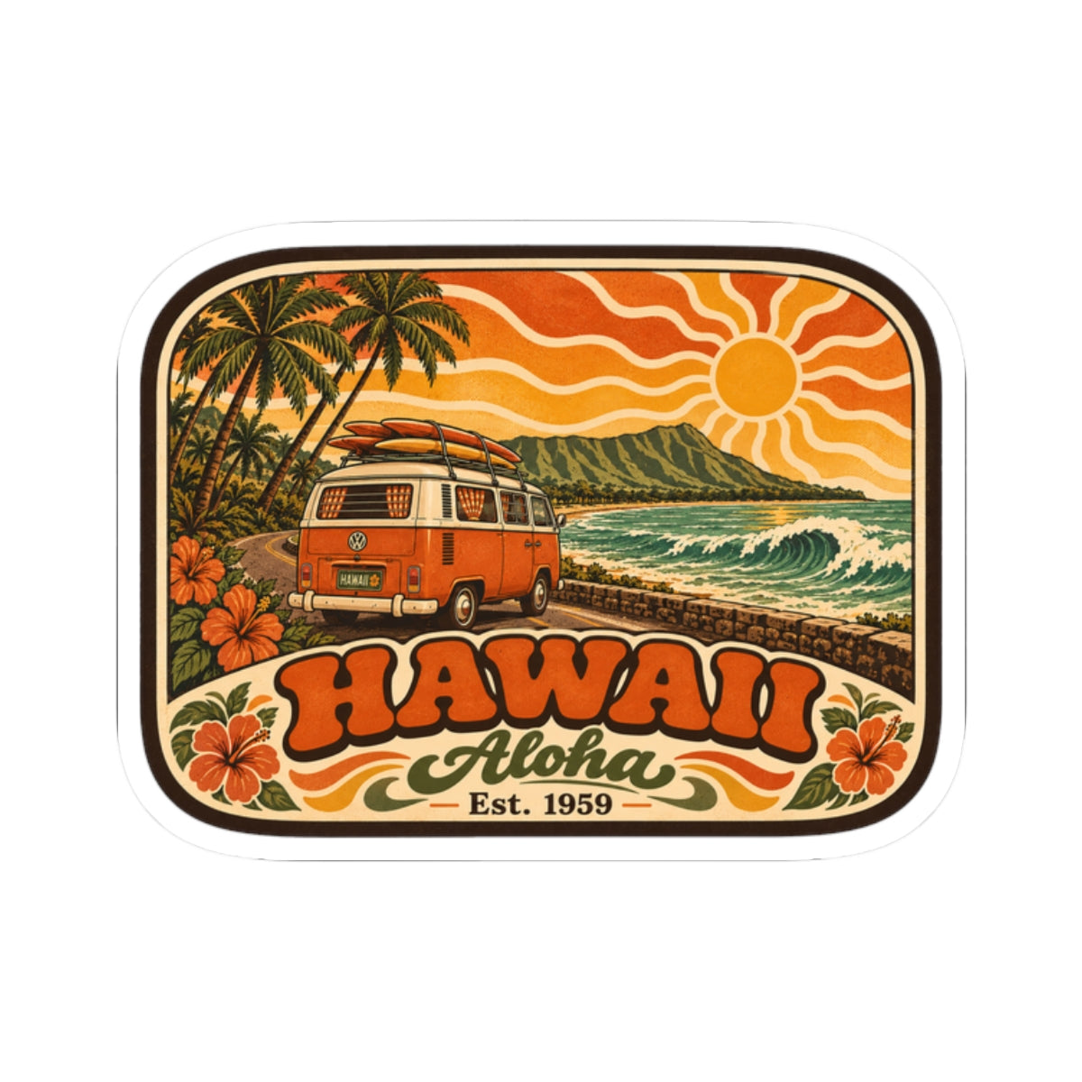 Rectangular kiss-cut surf-themed sticker with Hawaii text, orange camper van, palm trees and sun over waves