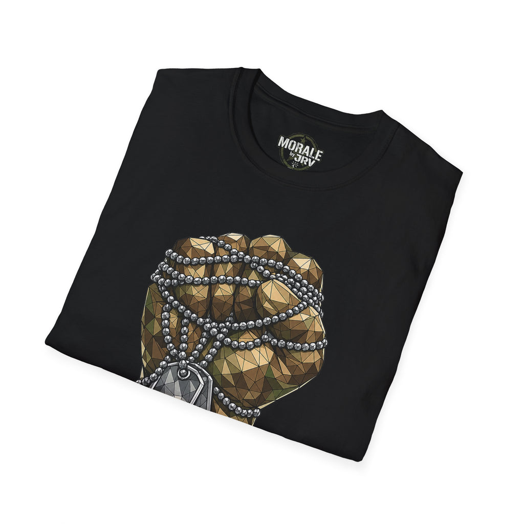 Fist with Dog Tags T-Shirt in black with geometric dog-tag fist graphic