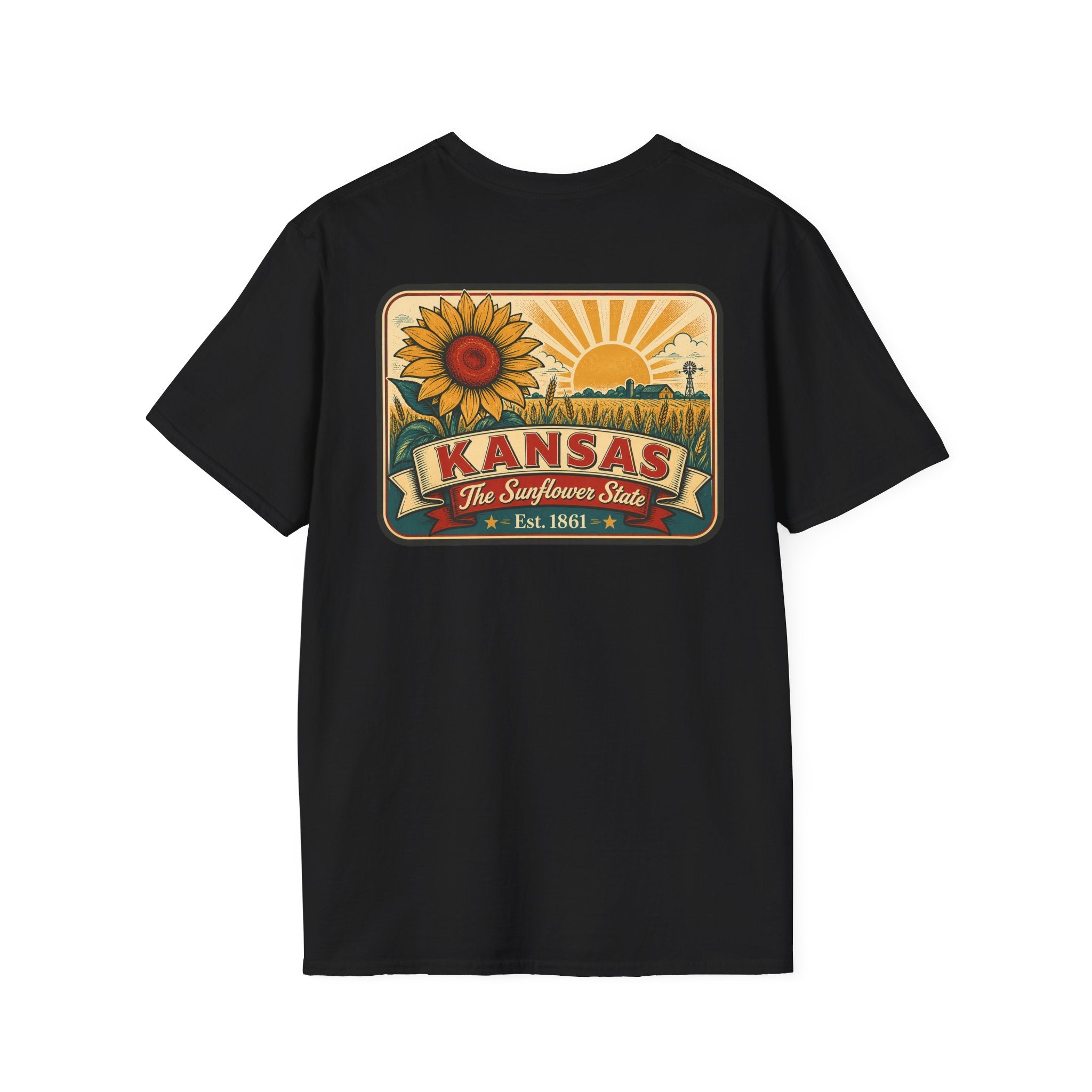 Kansas sunflower badge graphic T-shirt, black, crew neck short sleeves