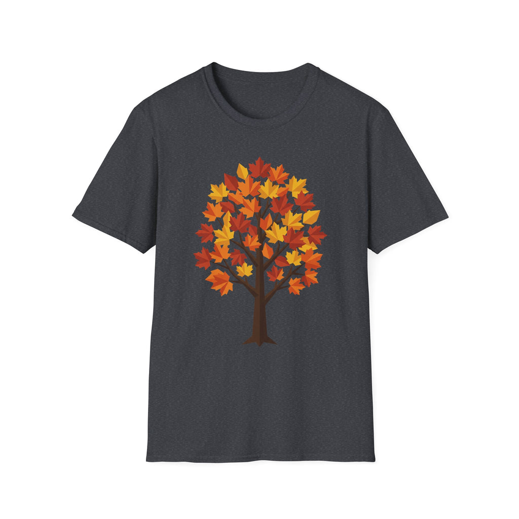 Camiseta gris oscuro jaspeada con árbol de arce otoñal y hojas coloridas al centro