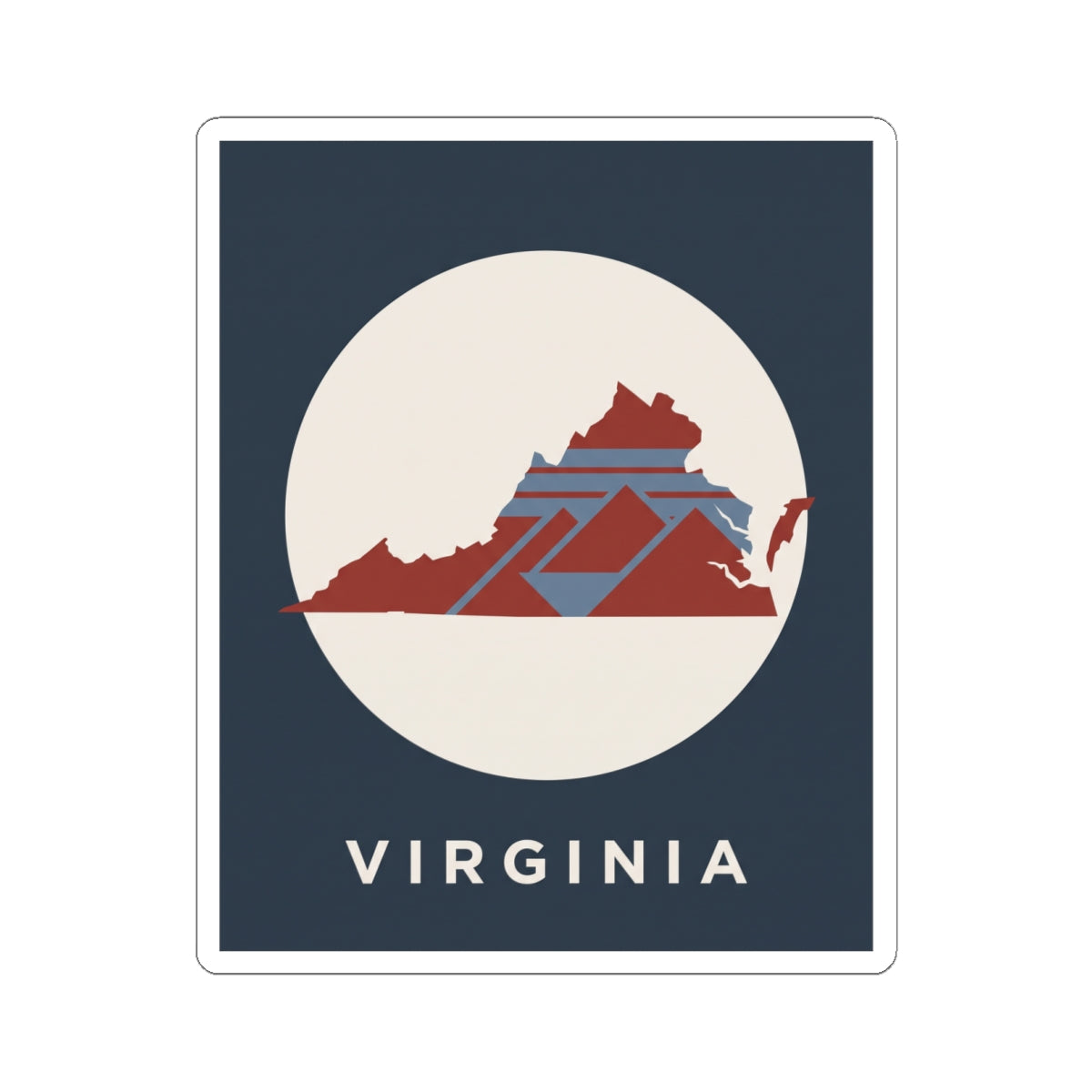Virginia state decal featuring a red map silhouette with geometric pattern in a cream circle