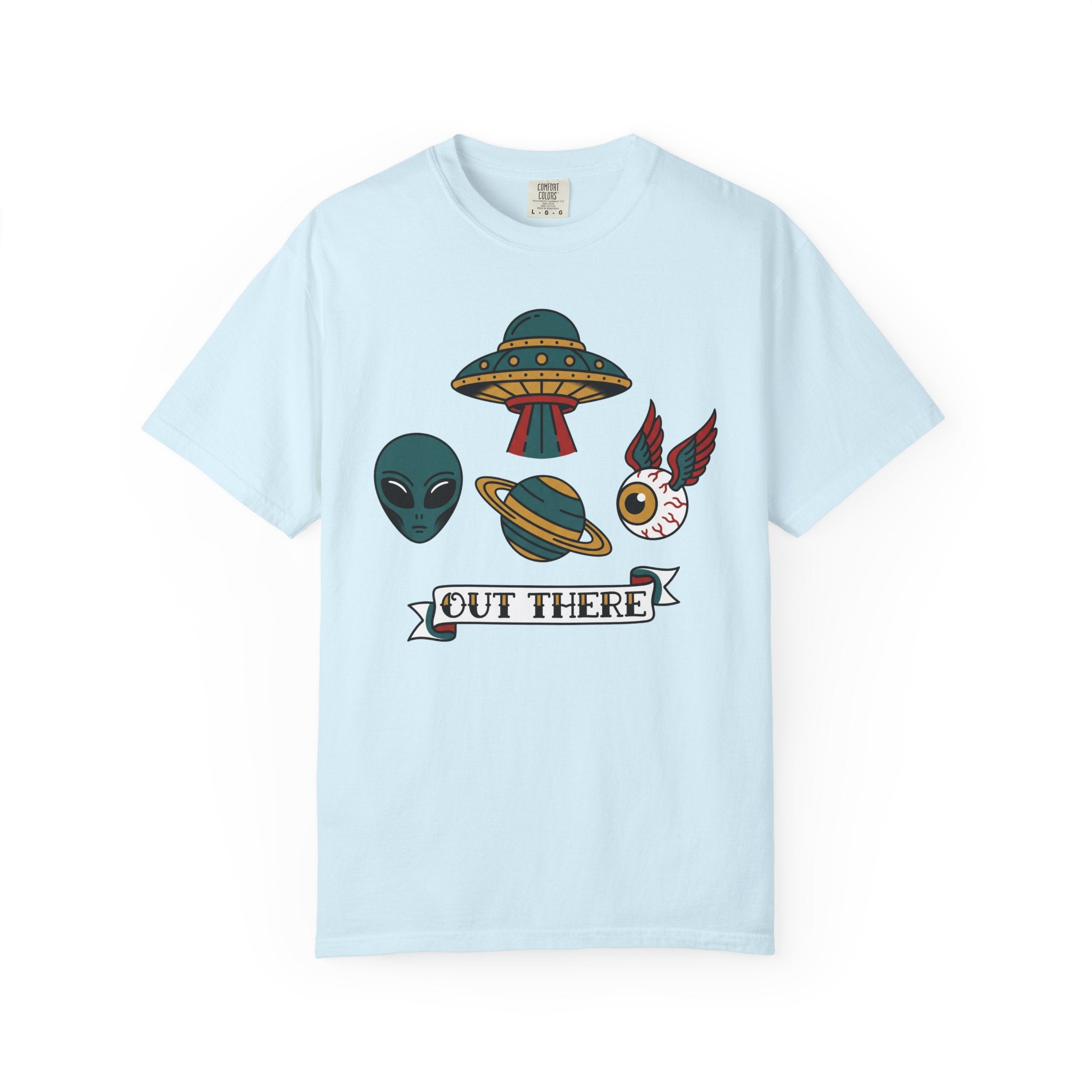 Light blue graphic T-shirt with alien, UFO, and "OUT THERE" patch-style print