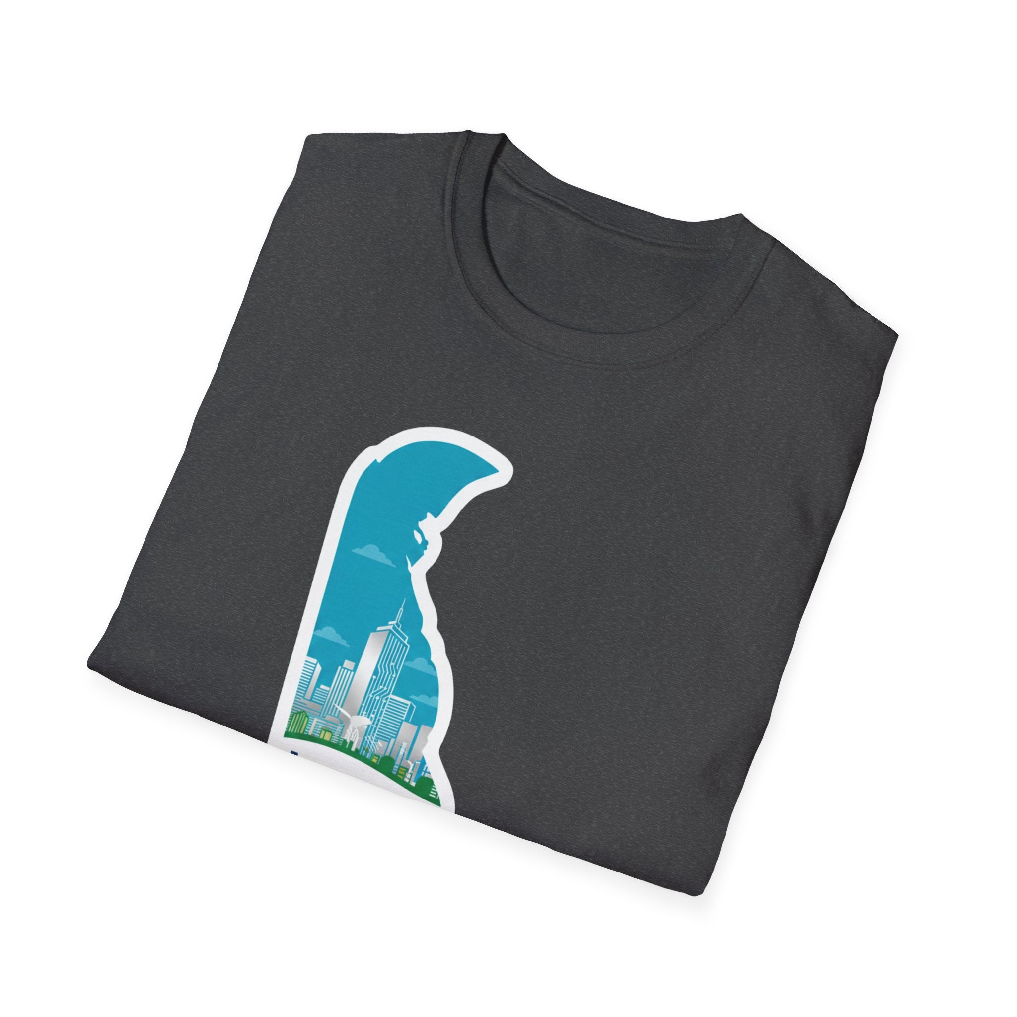 Heather gray T-shirt with Delaware silhouette and city skyline print