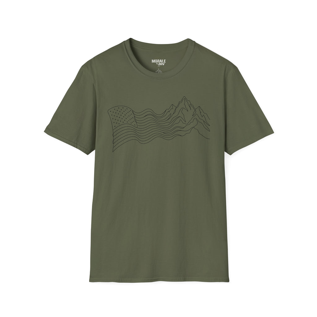 Olive green T-shirt with minimalist mountain wave line art on the front